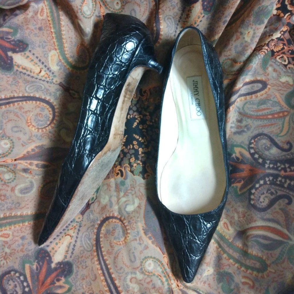 ❤️JIMMY CHOO Black Crocodile Pointy Toe Kitten Heel Shoes 39 9